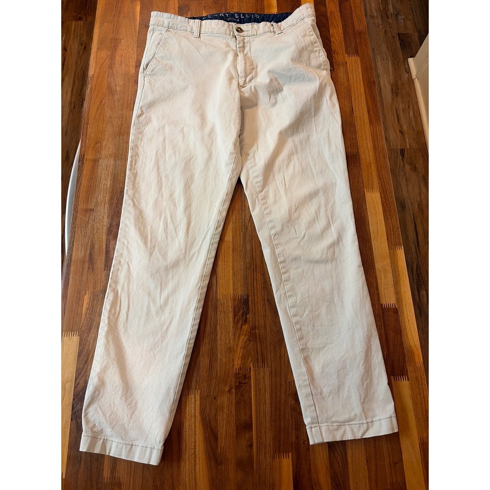 Perry Ellis Cottons Men 34x32 Chino Pants Light Khaki Tan Flat Front Stretch